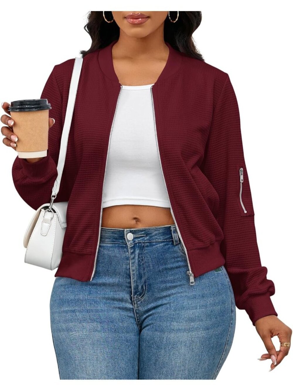 〽️Women's Burgundy Oversized Zip Front Sweatshirt Coat Long Sleeve Casual Pocket